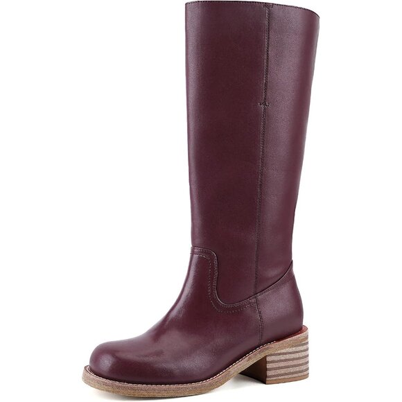 〽️Women's Burgundy Knee High Square Toe Chunky Block Heel Comfortable Long Boots